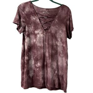 American Eagle Soft & Sexy Dusty Rose Pink Tie Dye T-Shirt Front Laces Medium